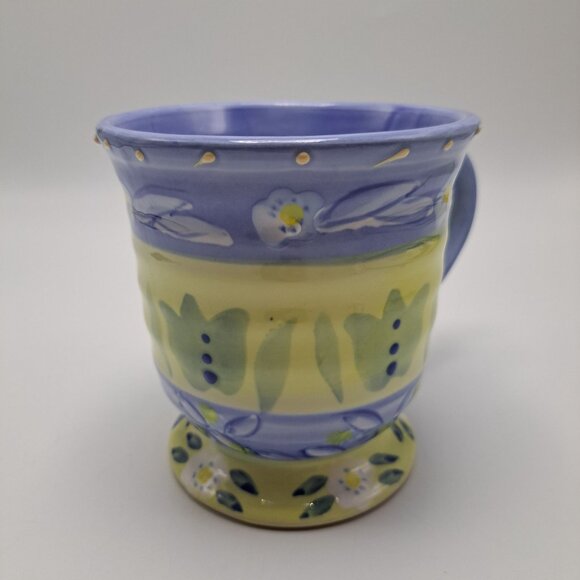 Les Fleurs Coffee Mug Cup Hand Painted Floral Yellow Blue 20 Oz - Picture 3 of 10